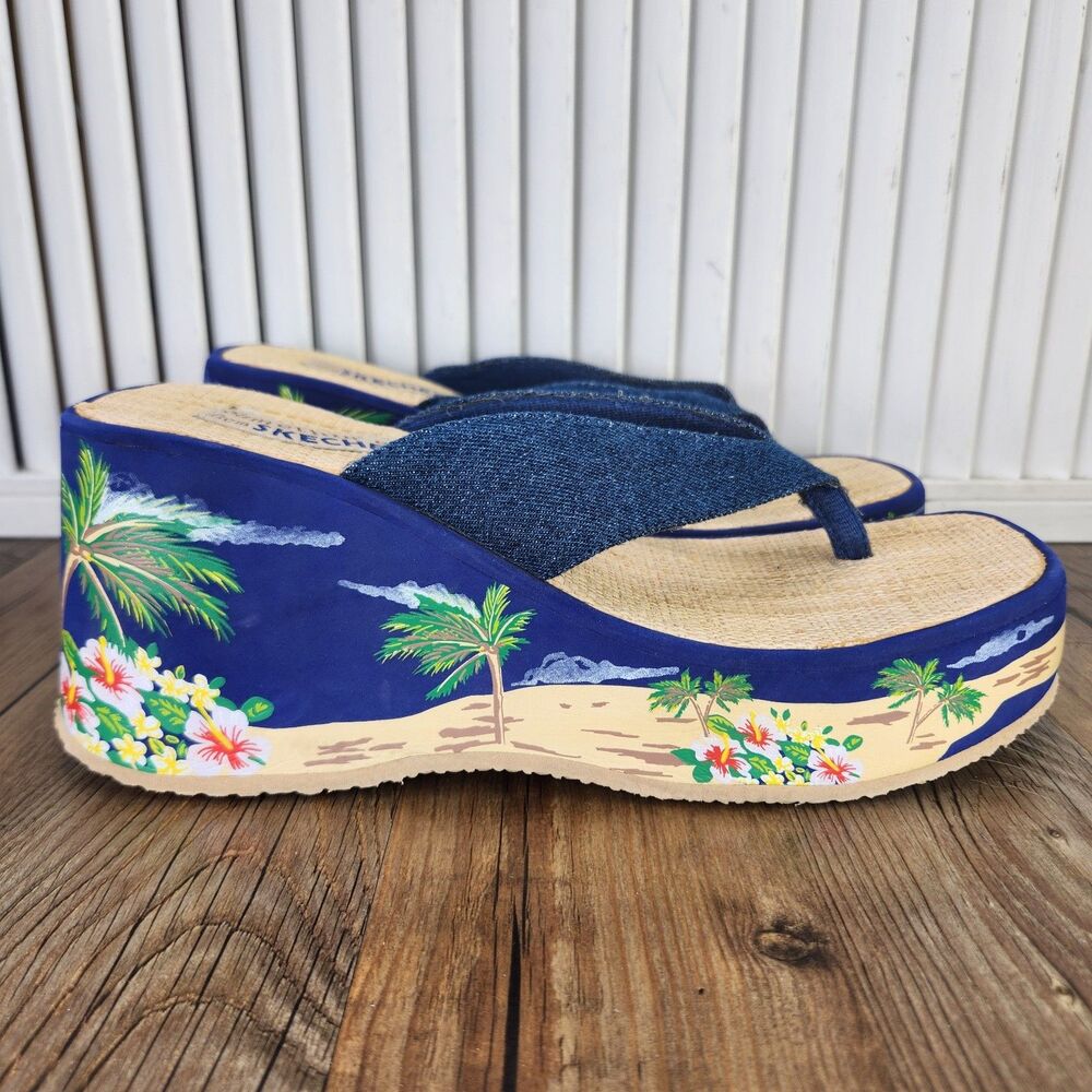Skechers Somethin Else Wedge Sandals Womens Size 9 Denim Tropical Platform Thong